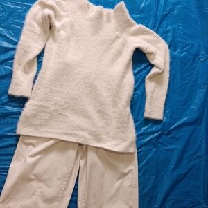 LOFT White Cowl Neck Sweater and Matching Cotton Jeans, Sm.
